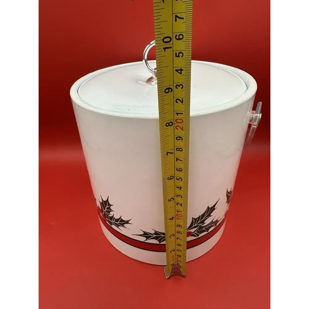Vintage Christmas Holly Ice Bucket With Acrylic Lucite Handle Retro